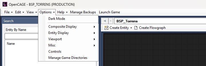 The OpenCAGE toolbar with the Options menu open, listing Dark Mode, Composite Display, Entity Display, Viewport, Misc, Controls and Manage Game Directories.
