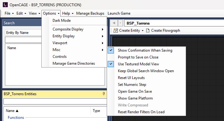 The Options menu with the Misc submenu open, listing the save, model view, search window, layout, numeric step, launch and platform options, with Write Compressed greyed out.