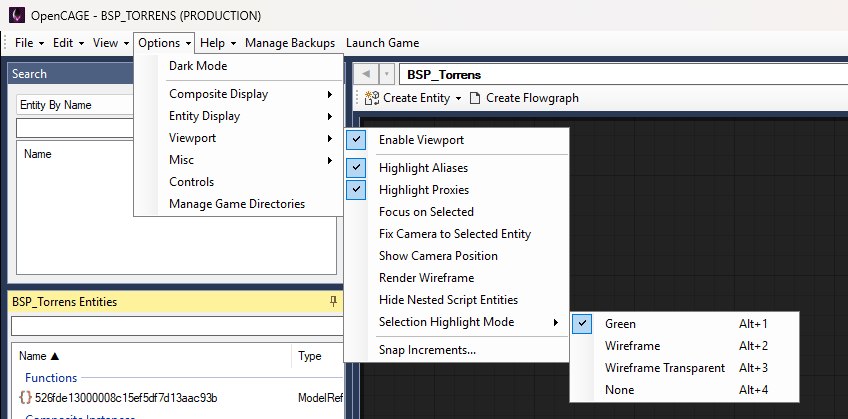 The Options menu with the Viewport submenu open, showing Enable Viewport, the highlight and camera toggles, Selection Highlight Mode with its four modes, and Snap Increments.
