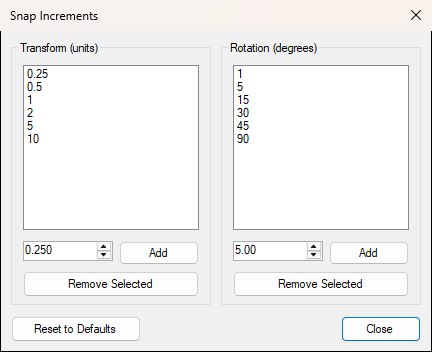 The Snap Increments window with separate lists of transform and rotation snap values, Add and Remove Selected controls, and Reset to Defaults and Close buttons.