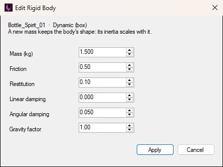 The Edit Rigid Body dialog for Bottle_Spirit_01, Dynamic (box): a note that a new mass keeps the body's shape and its inertia scales with it, then Mass (kg) 1.500, Friction 0.50, Restitution 0.10, Linear damping 0.000, Angular damping 0.050 and Gravity factor 1.00, with Apply and Cancel buttons.