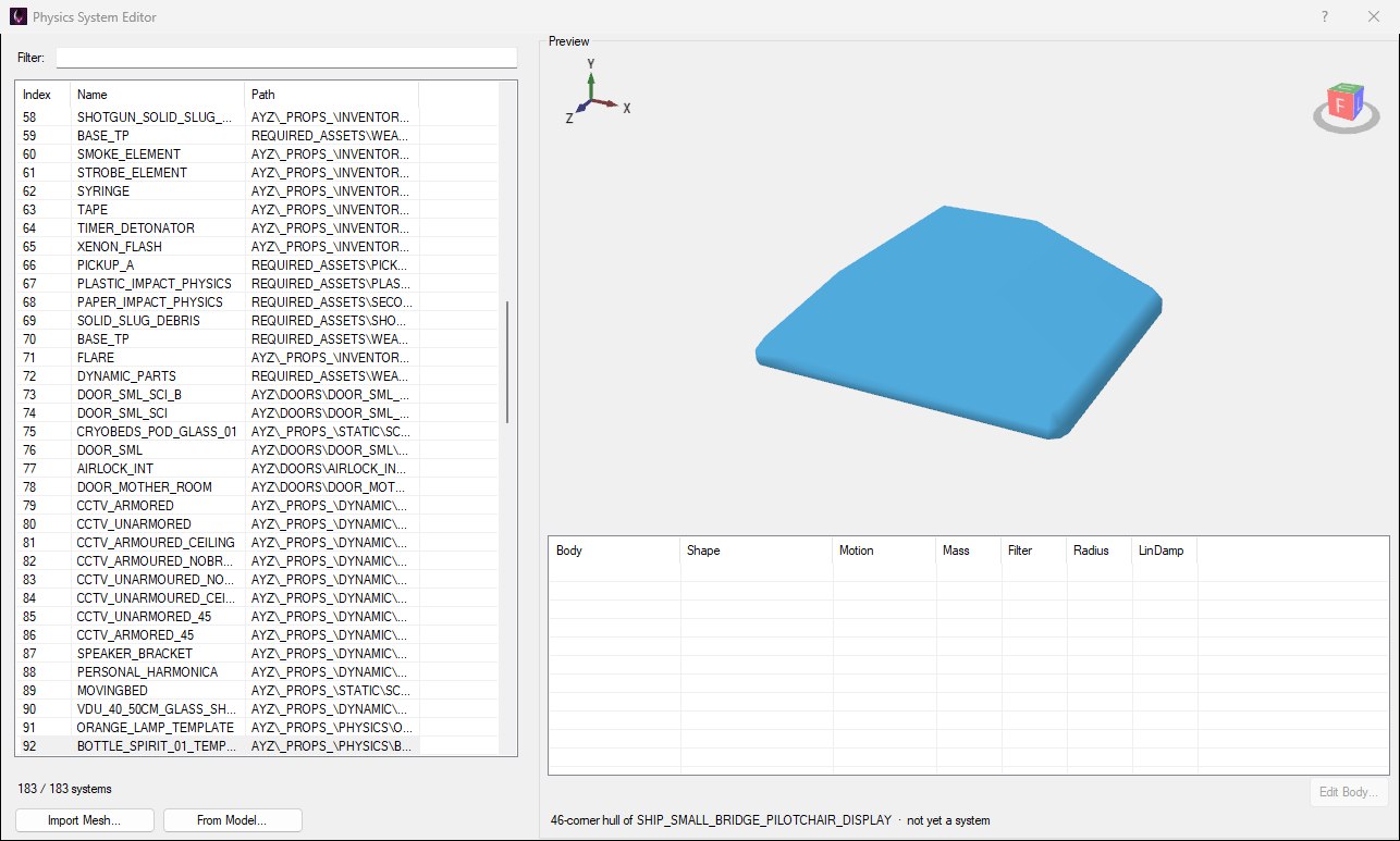 The Physics System Editor previewing a 46-corner hull of SHIP_SMALL_BRIDGE_PILOTCHAIR_DISPLAY as a flat, rounded slab in blue, with the body list empty, Edit Body... greyed out, and the status line reading 46-corner hull of SHIP_SMALL_BRIDGE_PILOTCHAIR_DISPLAY ยท not yet a system.