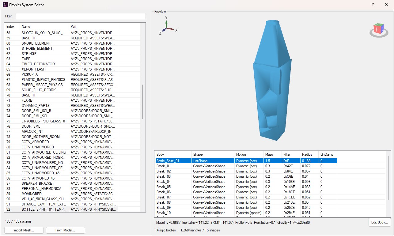 The Physics System Editor on Torrens with system 92, BOTTLE_SPIRIT_01_TEMPLATE, selected: the system list on the left, the preview on the right drawing the bottle's shapes in blue, and under it the body list with Bottle_Spirit_01 (a ListShape, Dynamic (box), mass 1.5) selected above Break_01 to Break_10, the detail line reading MassInv=0.6667, InertiaInv, Friction=0.5, Restitution=0.1, Gravity=1, and the Edit Body... button at the bottom right.