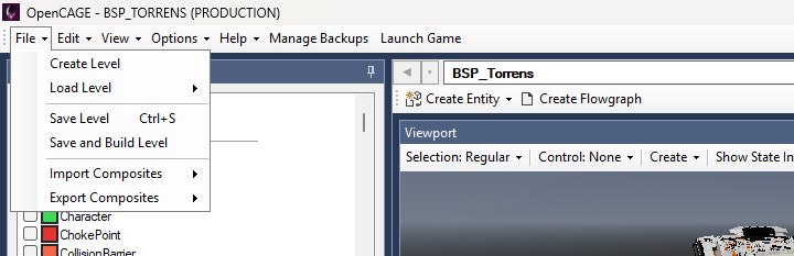 The File menu in OpenCAGE, with Save Level and Save and Build Level listed one under the other.