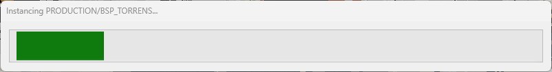 The build progress window titled Instancing PRODUCTION/BSP_TORRENS with a marquee progress bar.