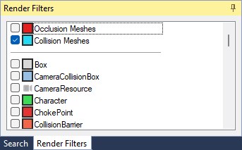 The Render Filters panel with Collision Meshes ticked, directly beneath Occlusion Meshes at the top of the list.