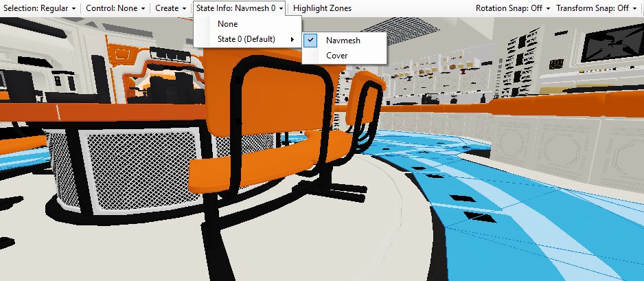 The Viewport inside the Torrens canteen with the generated navmesh drawn in blue across the open floor between the tables and the wall benches, and the State Info dropdown open on State 0 (Default) with Navmesh ticked.