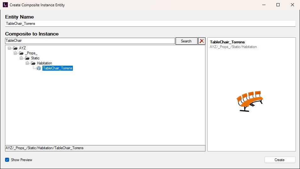 The Create Composite Instance Entity window: Entity Name TableChair_Torrens at the top, then the search box with TableChair typed in, the Search button and a red clear button, and under them the composite tree opened down through AYZ, _Props_, Static and Habitation to TableChair_Torrens, which is selected. On the right are the composite's name and folder above its preview picture of a curved row of orange canteen seats. Show Preview is ticked under the tree, and Create is at the bottom right.