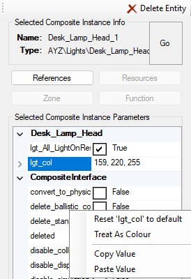 The Entity Inspector for a Desk_Lamp_Head composite instance with the lgt_col row selected, showing 159, 220, 255, and its right-click menu open on Reset 'lgt_col' to default, Treat As Colour, Copy Value and Paste Value.