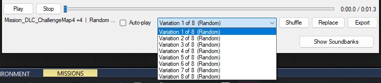 The preview player with its variations dropdown open, listing the eight random takes behind the event.