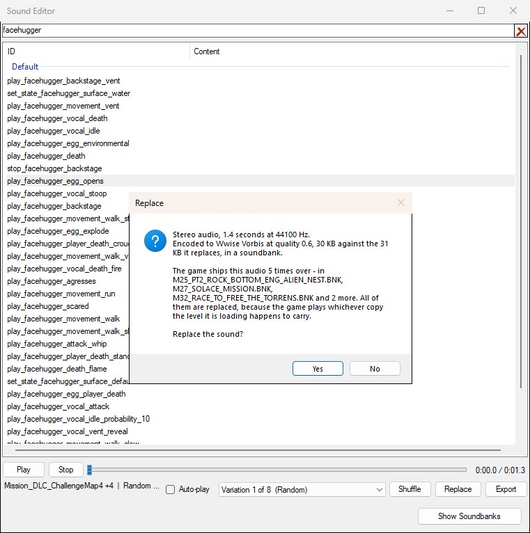 The Replace confirmation dialog summarising the incoming audio, its encoding, its size against the original and how many copies the game ships, before asking whether to replace the sound.