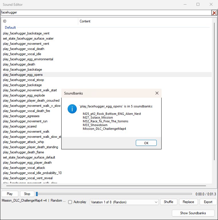 The Soundbanks dialog listing the five soundbanks that declare the selected event, shown over the Sound Editor.