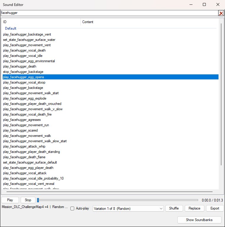 The Sound Editor window: a searchable list of every sound event in the level, with the preview player along the bottom edge showing the loaded take, its variations and the Replace and Export buttons.
