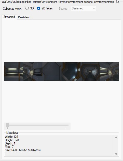 The same cubemap in 2D faces mode: the six faces side by side in a strip on the Streamed tab, with the mip slider greyed out and the metadata panel below.