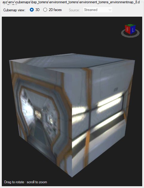 The Texture Editor preview showing a cubemap mapped onto an interactive 3D cube, with the Cubemap view radio buttons and the greyed-out Source dropdown above it.