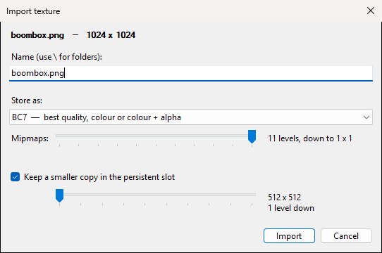 The Import texture dialog with a name box, the Store as format dropdown set to BC7, a Mipmaps slider, and the persistent-copy checkbox and slider.