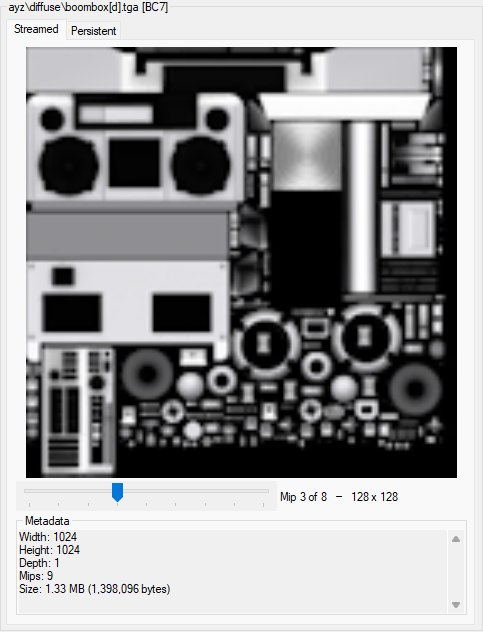 The streamed preview with the mip slider moved three levels down the chain, showing the 128 by 128 level and its label.