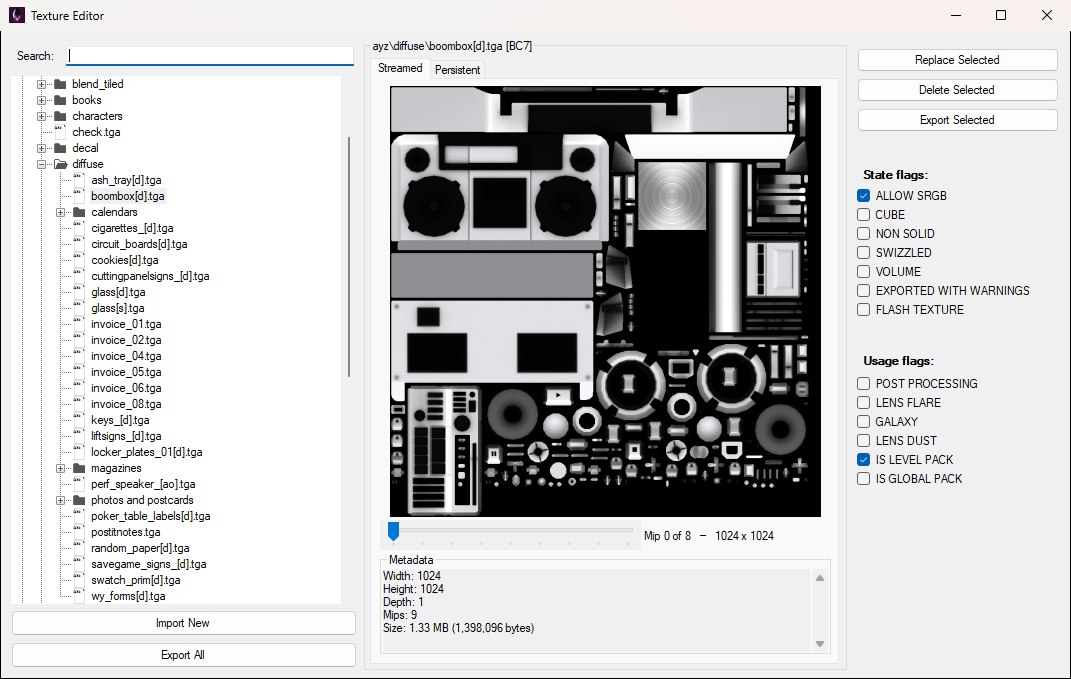 The Texture Editor window with a level texture selected, showing the texture tree on the left, the streamed preview with its mip slider and metadata in the middle, and the edit buttons and flag checkboxes on the right.