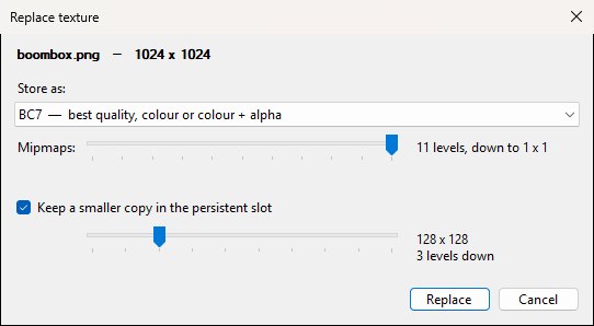 The Replace texture dialog for the same image: no name box, the Store as dropdown set to BC7, the Mipmaps slider at its maximum, and the persistent-copy slider preset to three levels down, with Replace and Cancel buttons.