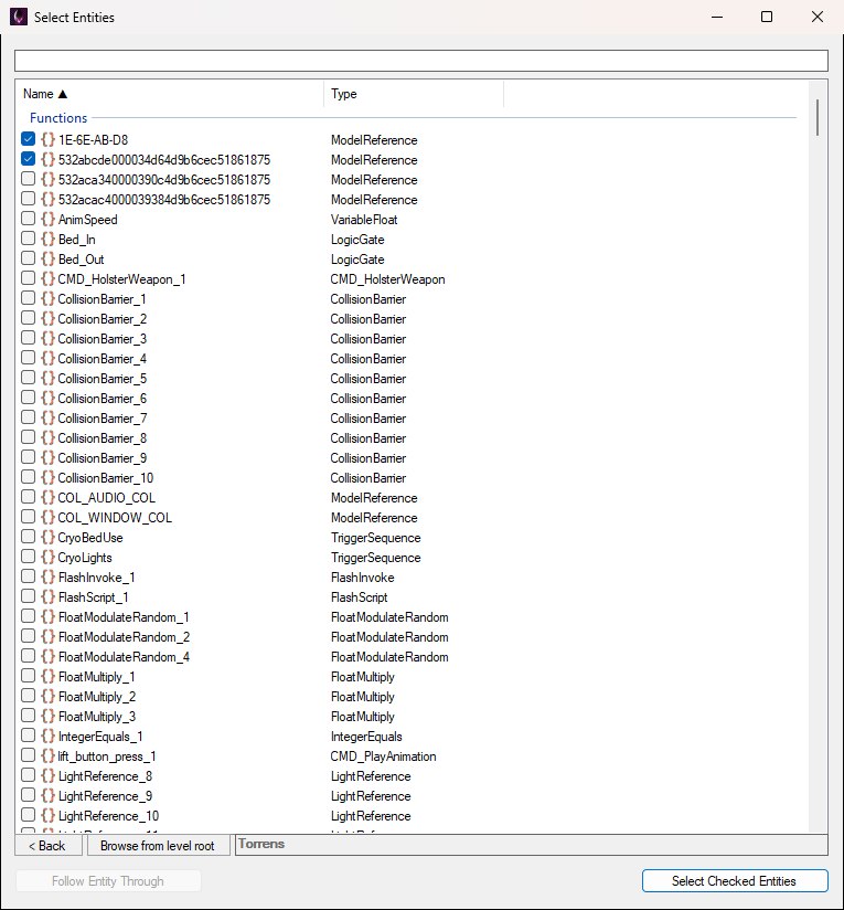 The Select Entities picker opened from Add Entities, listing the composite’s function entities with checkboxes, a Browse from level root button, and Select Checked Entities to confirm.