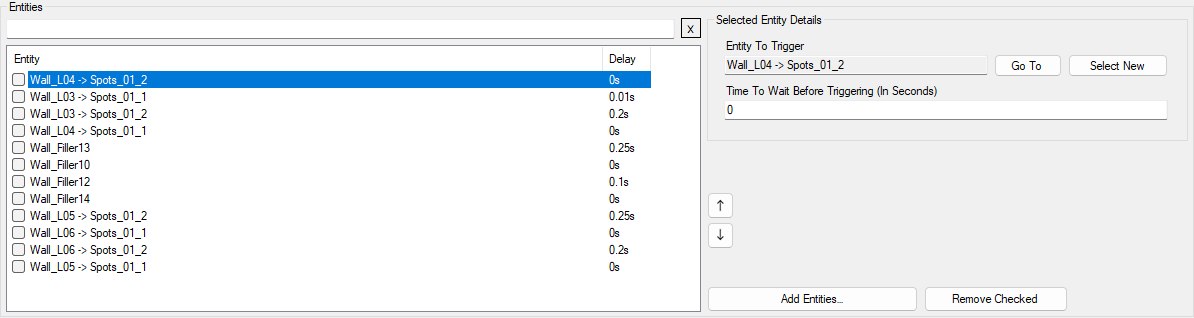 The Entities panel of the TriggerSequence Editor with one row selected and its details panel showing the resolved entity path, Go To, Select New and the delay field.