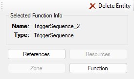 The Entity Inspector with a TriggerSequence selected, showing the Function button that opens the editor.