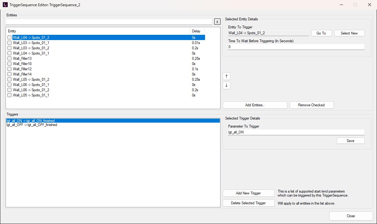 The TriggerSequence Editor open on a Torrens lighting sequence, with the Entities list on top, the Triggers list below, and a row and a trigger selected so both details panels are showing.