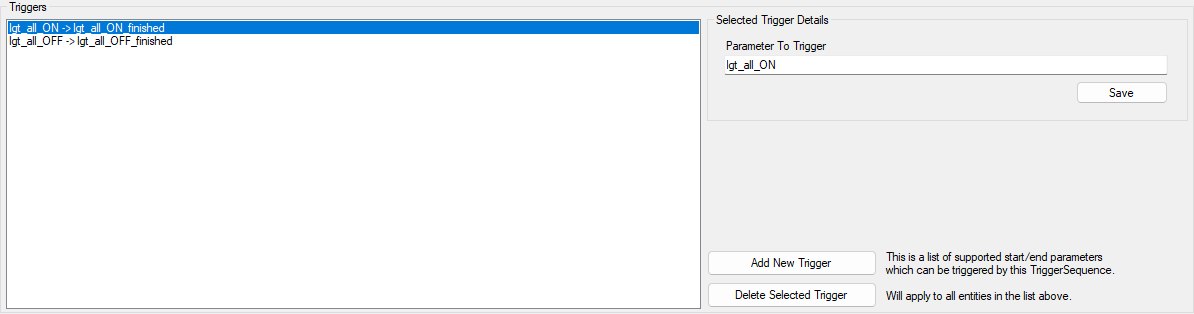 The Triggers panel listing the sequence’s method pairs, with one selected and its Parameter To Trigger field and Save button showing.