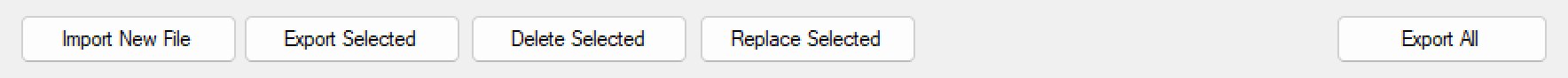 The five action buttons along the bottom of the Edit UI window: Import New File, Export Selected, Delete Selected, Replace Selected and Export All.