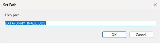 The Set Path prompt shown by Import New File, asking for the entry path the new file should have inside UI.PAK.