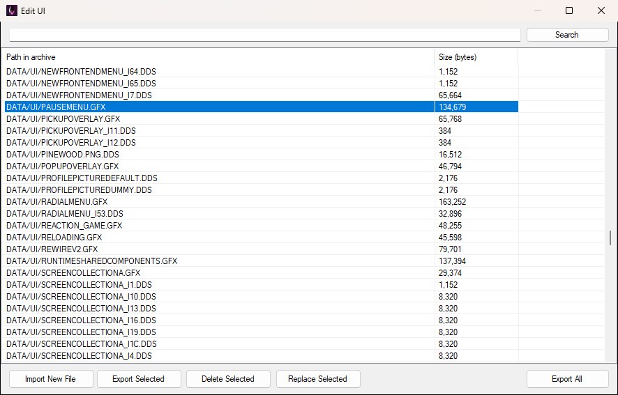 The Edit UI window listing every entry in UI.PAK with its path and size, a row selected and the action buttons enabled along the bottom.