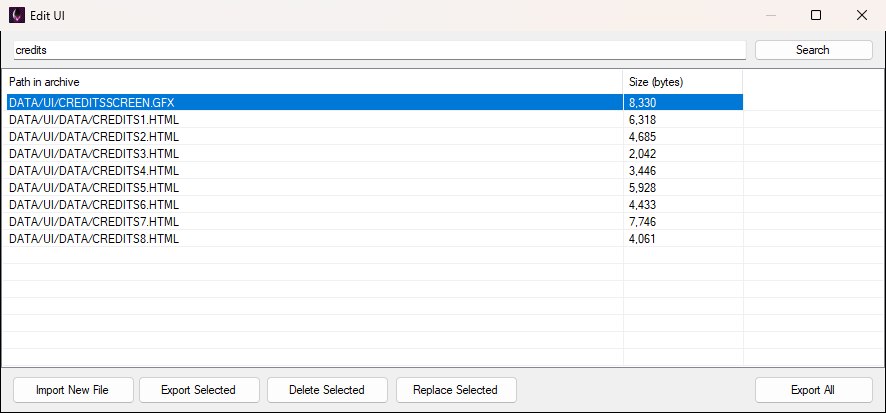 The Edit UI list filtered by the search term credits, showing the CREDITSSCREEN.GFX package and the eight CREDITS HTML files.