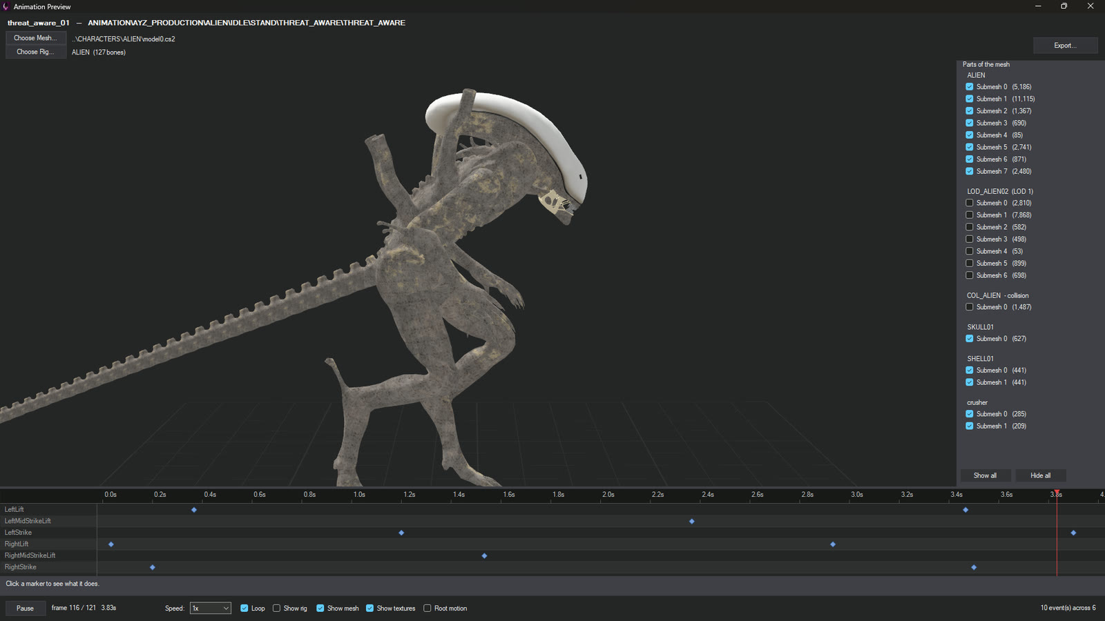 One of the alien's threat animations previewed on the alien model