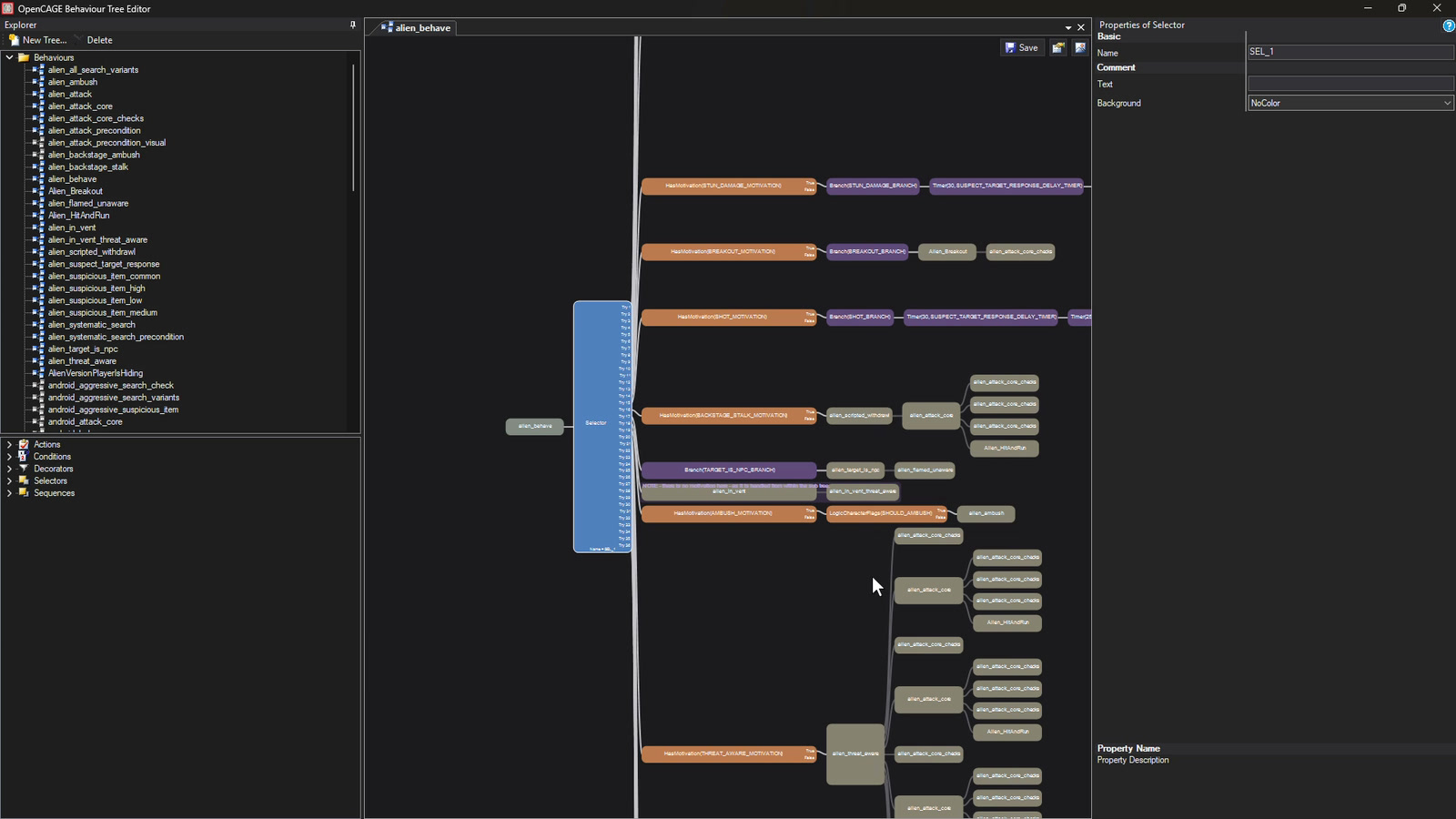 Zooming into and panning round the alien's behaviour tree in the Behaviour Tree Editor