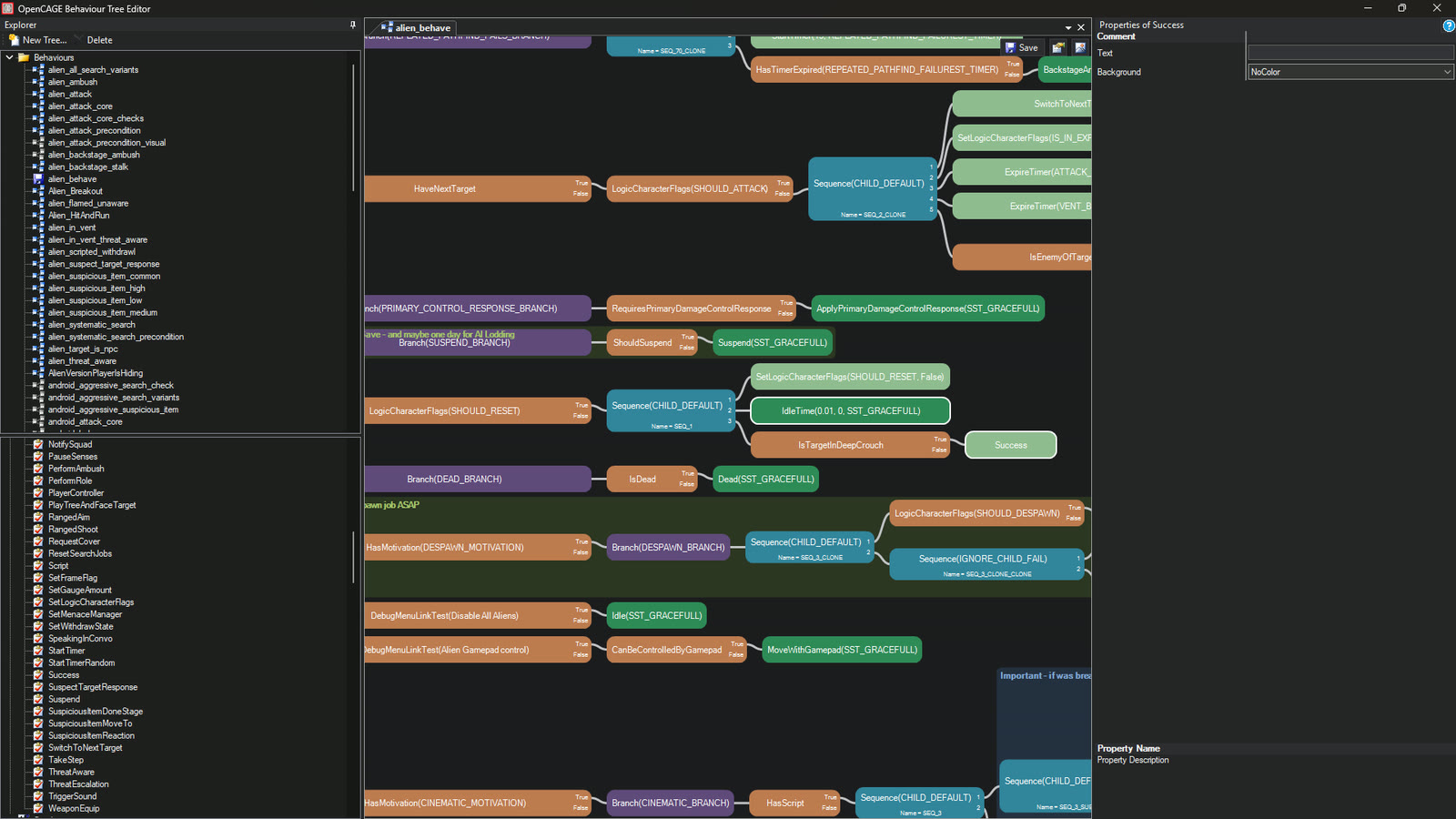 The alien's behaviour tree with a new condition and a Success node added to a sequence