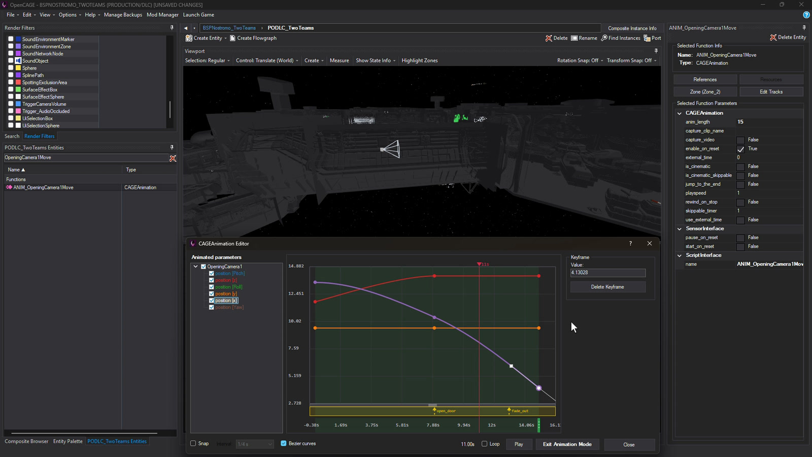 The opening camera move of the Nostromo DLC level in Animation Mode: dragging a key and a bezier handle on the curve editor moves the camera in the Viewport, then scrubbing the playhead flies it along its path
