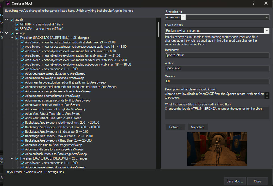 Create a Mod, listing every changed level and setting