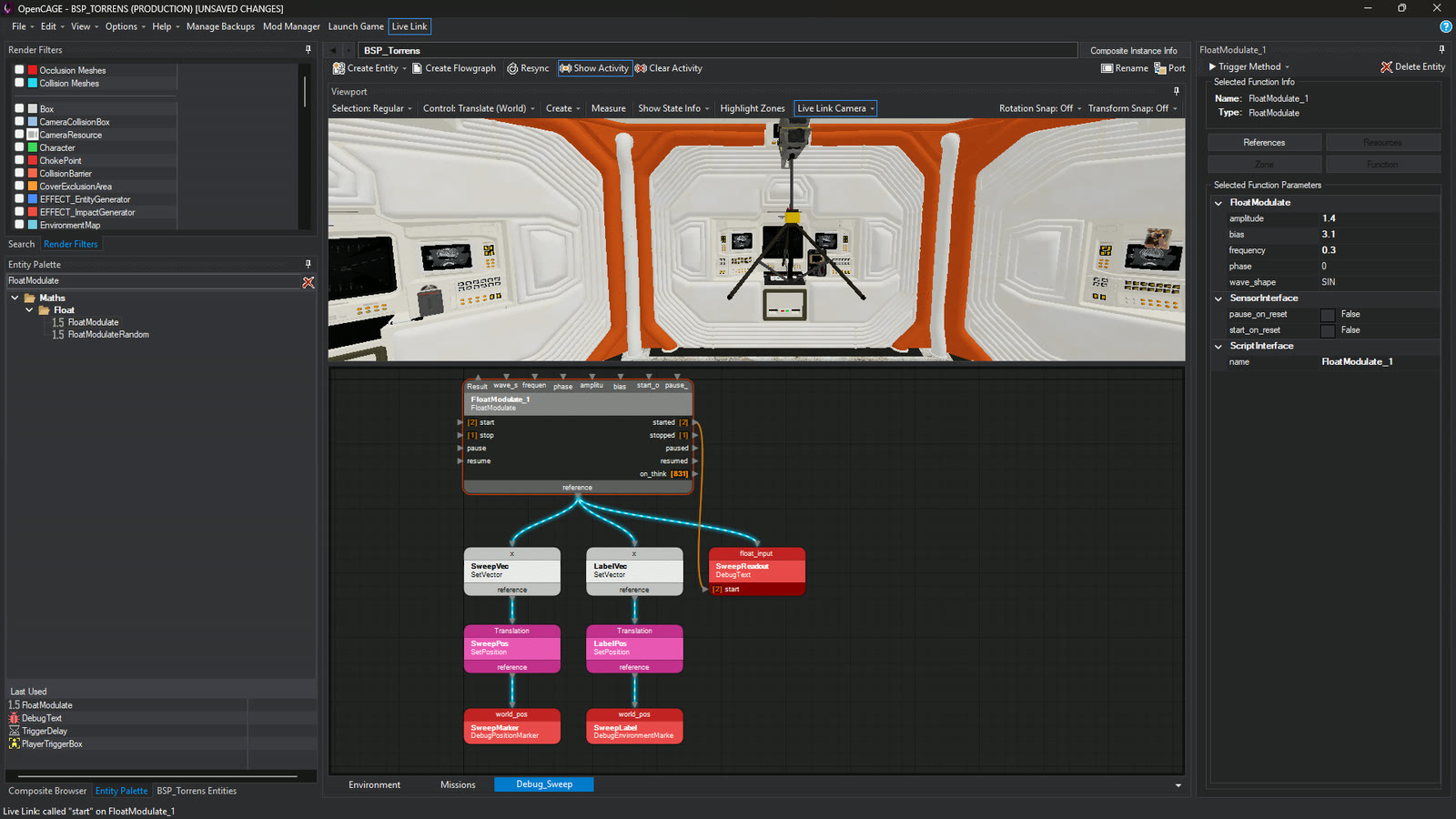 Show Activity on a FloatModulate driving a debug marker: lit links and a count on every pin that has fired