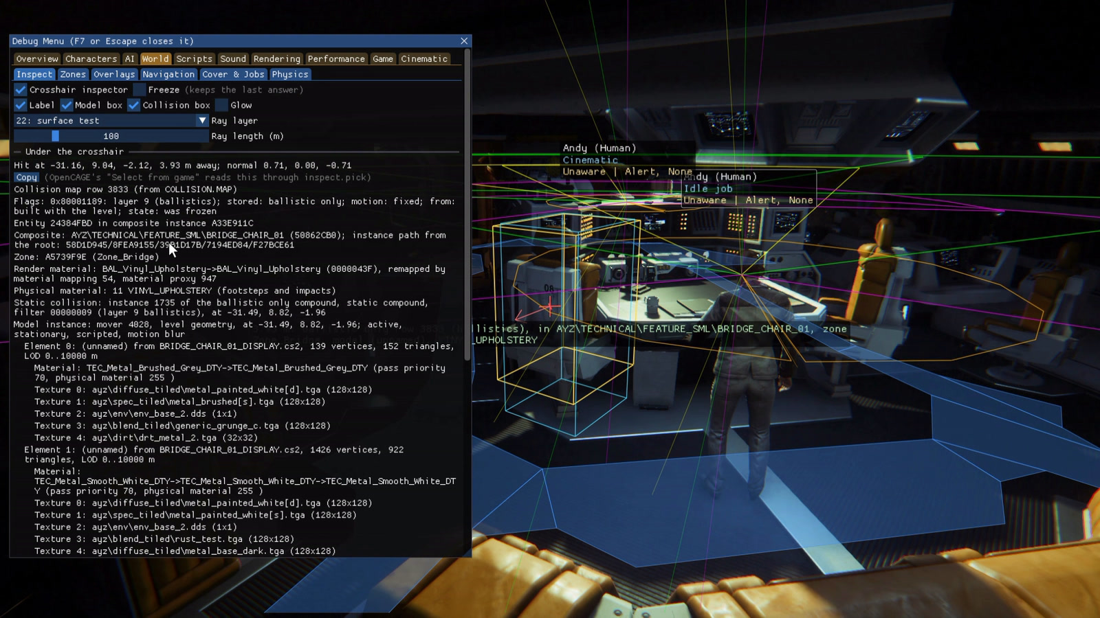The Debug Menu over the game on the Torrens bridge: Labels over heads and View cones ticked for every character, so the two crew show their name, branch, awareness and alertness and their view cones fan out; the nav mesh drawn in blue from World > Navigation; World > Inspect's crosshair inspector on a bridge chair, with its model and collision boxes and its collision map row, materials and model listed in the window; the window closed to show it all, then everything unticked again