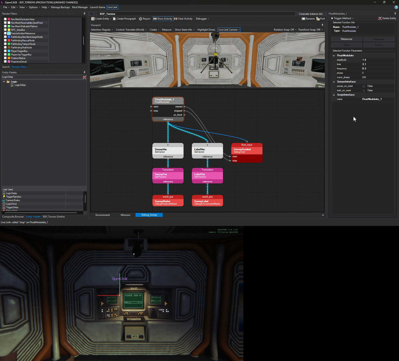 Show Activity on a FloatModulate driving a debug marker: Trigger Method starts and stops it, the links light up as the game uses them and the pin counts climb, then Clear Activity