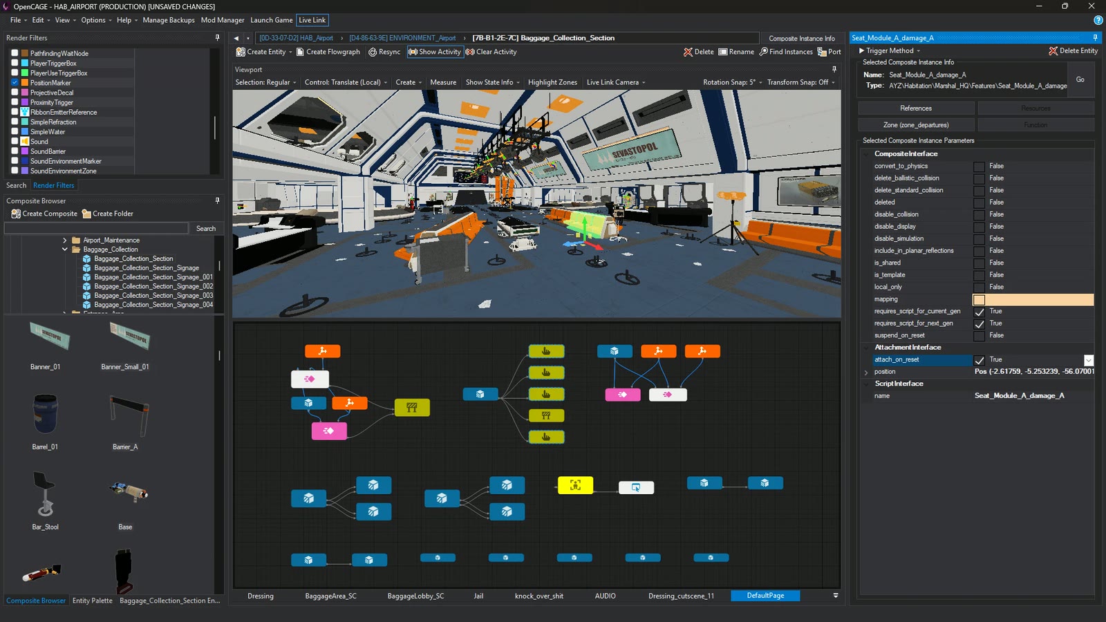 OpenCAGE editing the airport's baggage collection area: the 3D viewport above the composite's flowgraph, with a seat selected and its parameters open