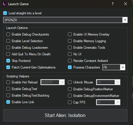 The Launch Game dialog with Possess Characters and Live Link turned on