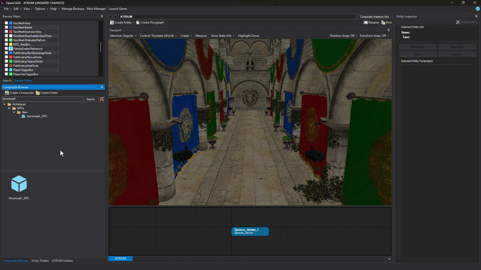 The alien dragged from the Composite Browser into the Sponza atrium level, then deleted again