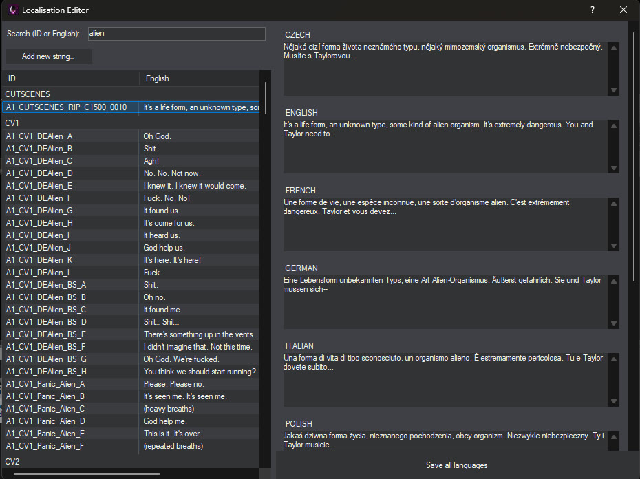 A line of dialogue in every language in the Localisation editor