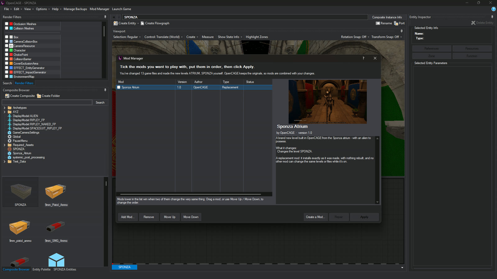 The Mod Manager with the Sponza mod installed