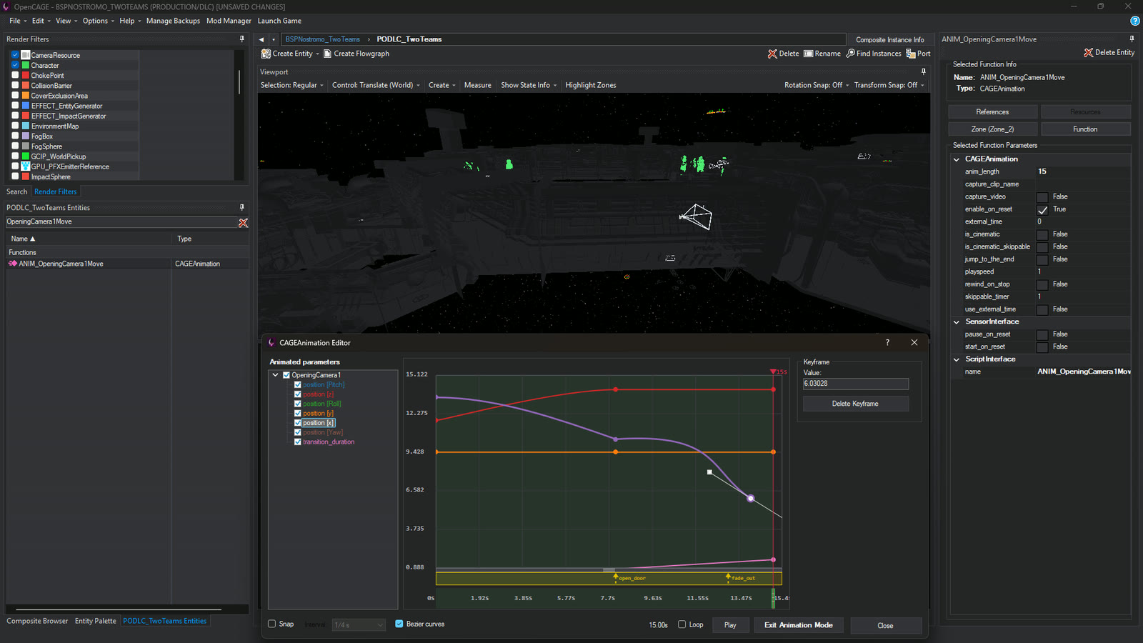 The opening camera move of the Nostromo DLC level on the CAGEAnimation curve editor, in Animation Mode